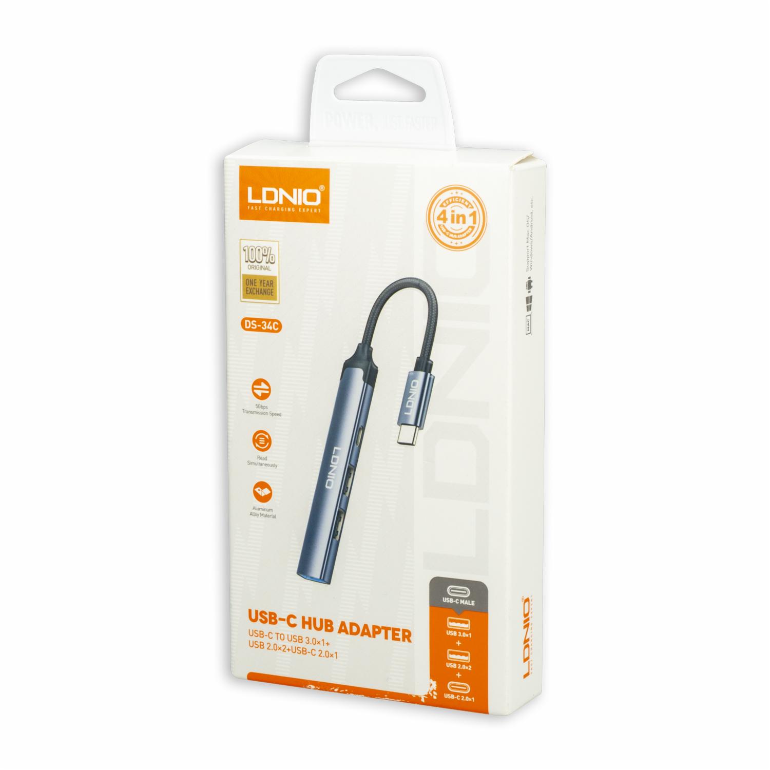 Adaptador HUB 4 En 1 - 2 USB  - 1PD LDNIO DS-34C - Imagen 3