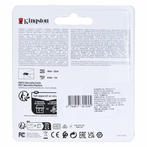 Micro SD Con Adaptador Canvas Go Plus KINGSTON 64 Gb - Imagen 2