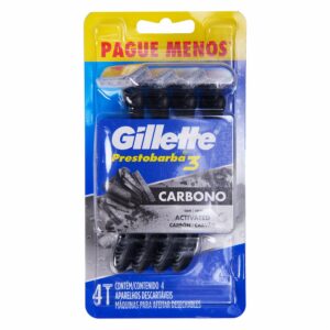 Afeitadora Desechable Caballero Prestobarba 3 Carbono Con Carbón Activado GILLETTE 4 Piezas