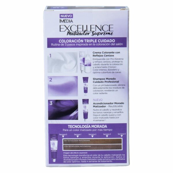 Tinte Para Cabello Matizador Supreme Tono 7.12 Rubio Cenizo Perla EXCELLENCE L´ORÉAL 1 Kit - Imagen 3