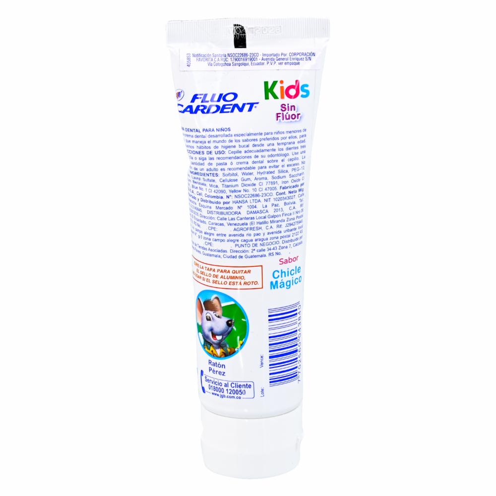 Crema Dental Kids Ratón Pérez Sin Flúor Sabor Chicle Mágico FLUO CARDENT 96 G - Imagen 2