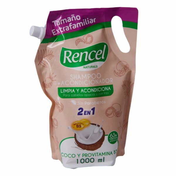 Shampoo Y Acondicionador 2 En 1 Con Coco Y Provitamina B5 Para Cabellos Opacos Y Con Frizz RENCEL 1000 Ml