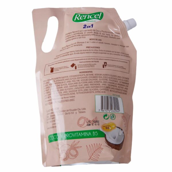Shampoo Y Acondicionador 2 En 1 Con Coco Y Provitamina B5 Para Cabellos Opacos Y Con Frizz RENCEL 1000 Ml - Imagen 2