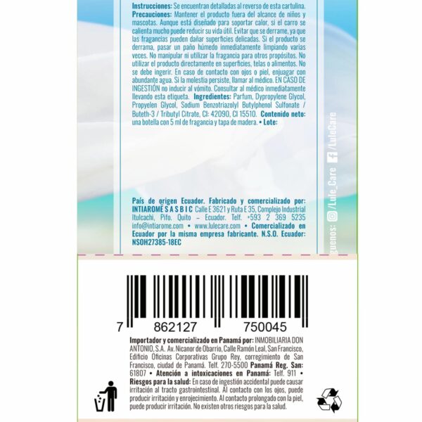 Difusor Ambiental Para Auto Fragancia Happy Linens LULË AROMË 5 Ml