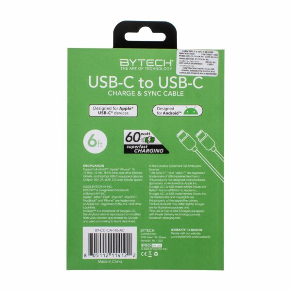 Cable Cargador USB-C Hacia USB-C BYTECH 1.82 M - Imagen 2