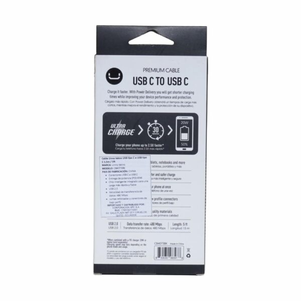 Cable Para Celular USB Tipo C A Tipo C CB4073BK UNNO TEKNO 1,5 Metros - Imagen 3