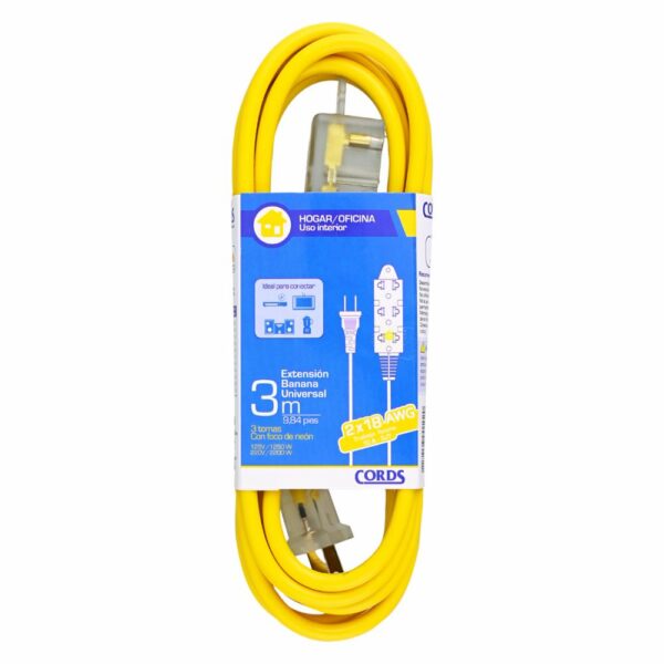 Extensión Eléctrica Amarilla  3 Tomas 2x18 AWG CORDS 3 Metros - Imagen 2