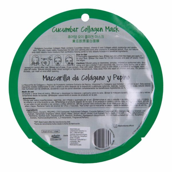 Mascarilla Facial Tipo Velo Hidratante Con Extracto De Pepino, Colágeno Y Vitamina E PUREDERM 18 G - Imagen 2