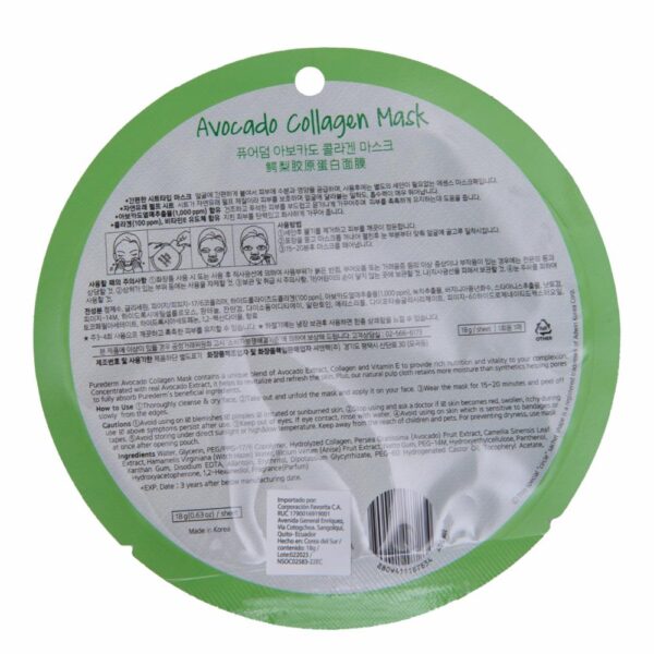 Mascarilla Facial Tipo Velo Con Extracto de Aguacate, Colágeno Y Vitamina E PUREDERM 18 G - Imagen 2