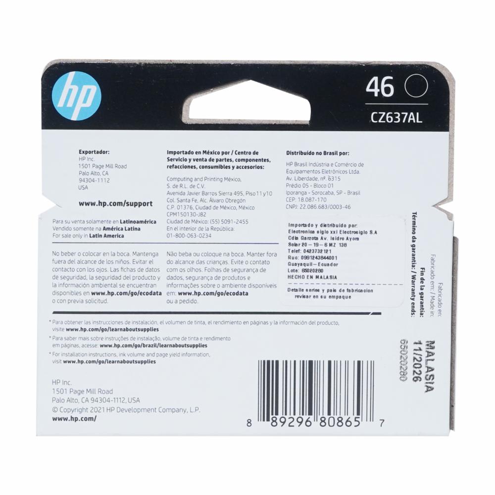 Tinta Para Impresora 46 Negro HP CZ637AL - Imagen 2