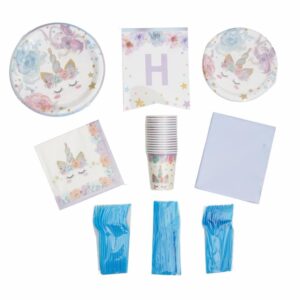 Set De Platos Servilletas Vasos Y Cubiertos Unicornio Azul UNIFELICIDAD 16 Uds