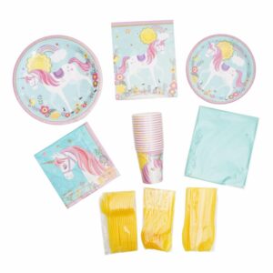 Set De Platos Servilletas Vasos Y Cubiertos Unicornio Amarillo UNIFELICIDAD 16 Uds