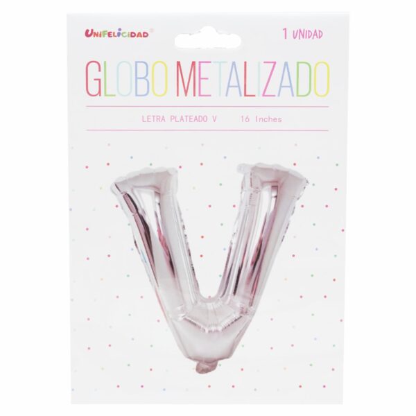 Globo Metalizado Plateado V UNIFELICIDAD 16"