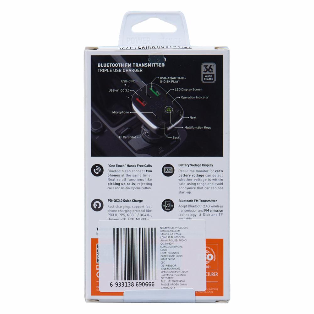Cargador De Celular Para Auto Con Transmisor FM Bluetooth LDNIO 36 W - Imagen 2