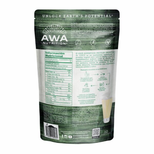 Proteína En Polvo Superfood Smoothie Coco Sin Gluten AWA NUTRITION 300 G - Imagen 3