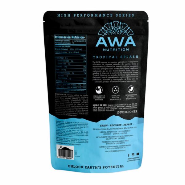 Proteína En Polvo Performance  Maracuyá Crema de Coco Tropical Splash AWA NUTRITION 300 G - Imagen 3