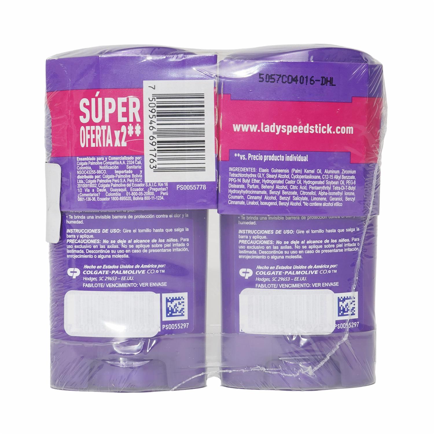 Desodorante En Barra Para Mujer Invisible Floral LADY SPEED STICK 2 X 45 G - Imagen 2