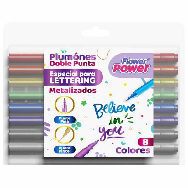 Marcadores Lettering Doble Punta Power Metalizado FLOWER POWER X 8 Uds