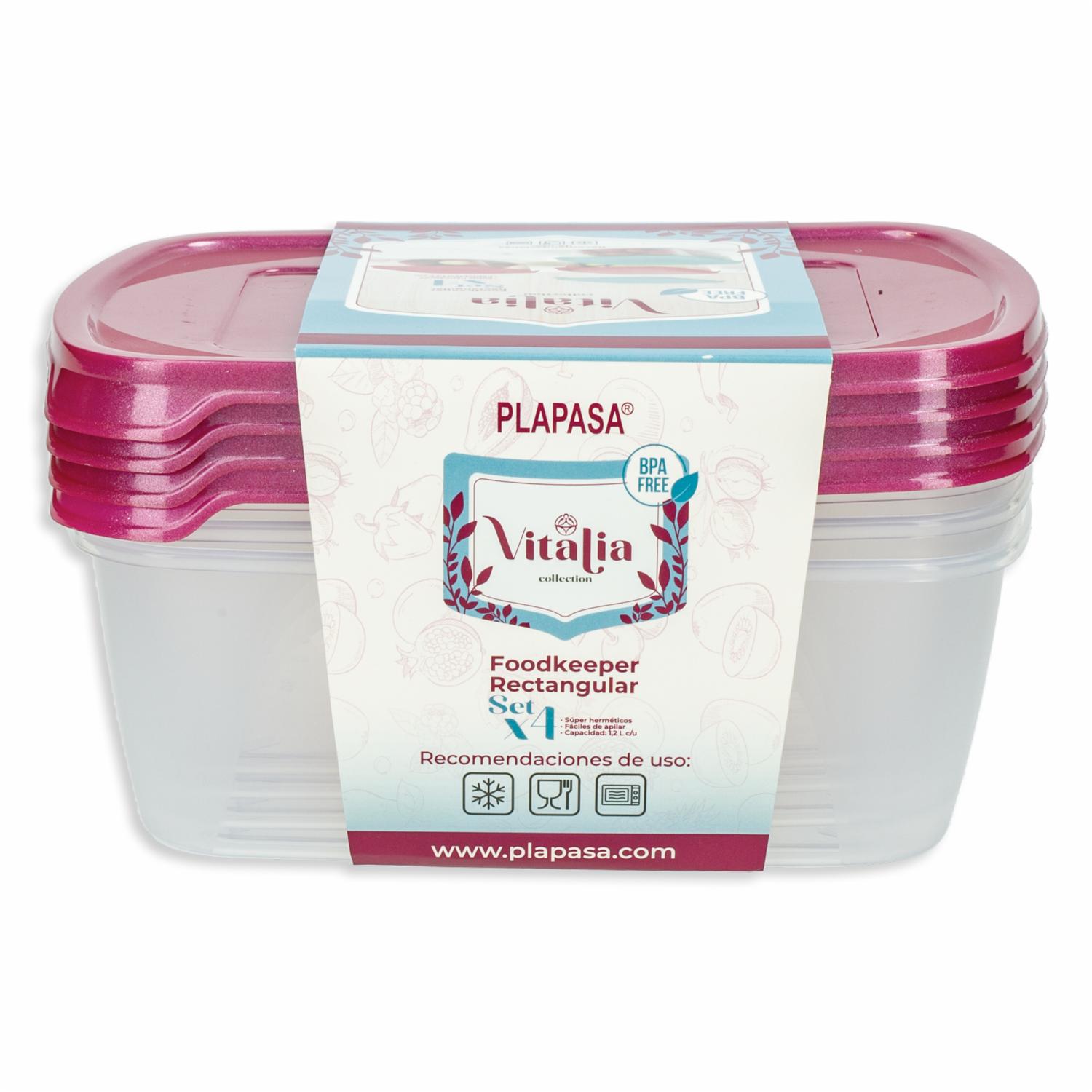 Set Reposteros Foodkeeper Rectangular N2 Con Tapa Burdeos Perlado Vitalia PLAPASA 4X1.2 Litros - Imagen 2
