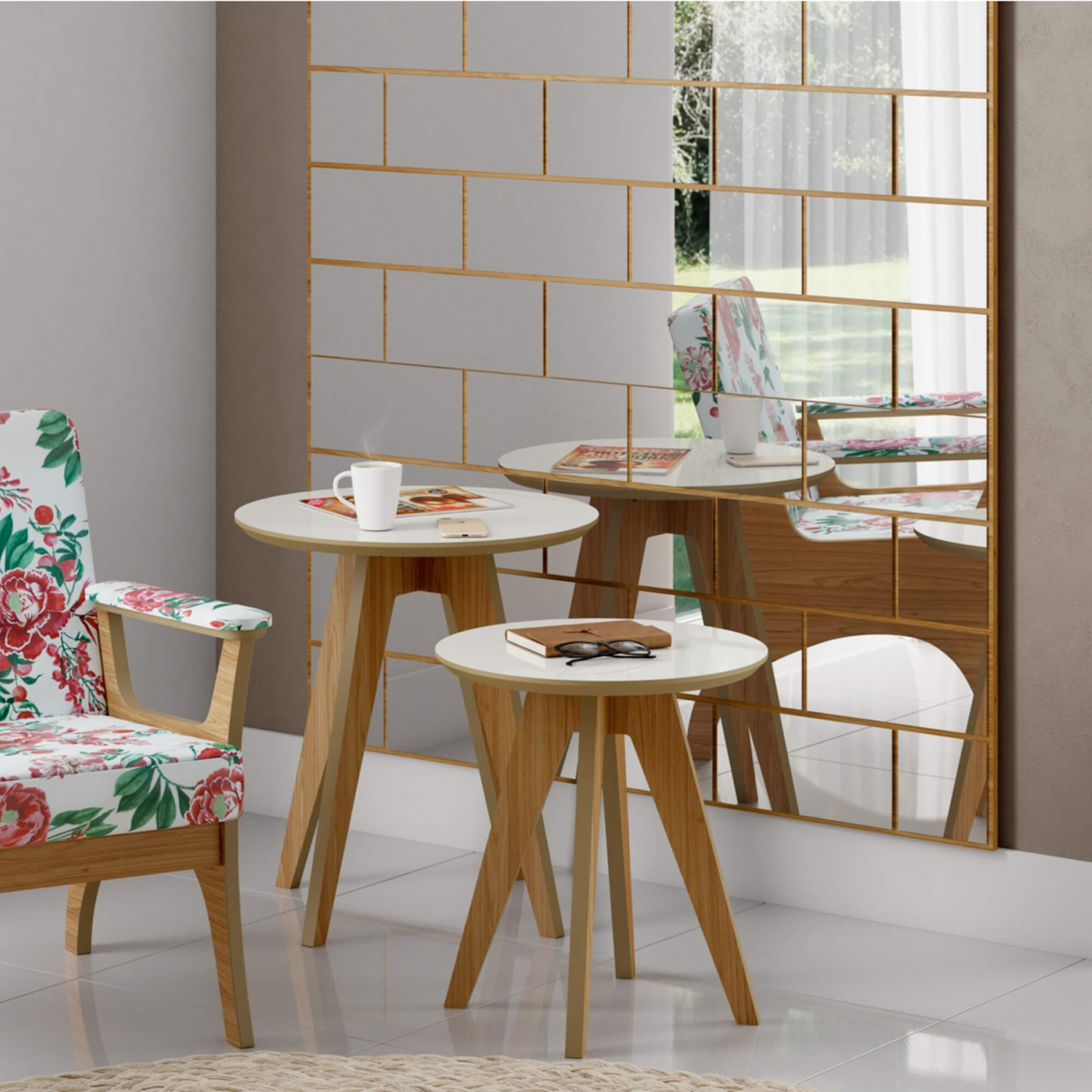 Mesa Lateral Redonda Modelo Tb37 Jw Color Freijo Y Noble Blanca DALLA COSTA Mdf - Imagen 3