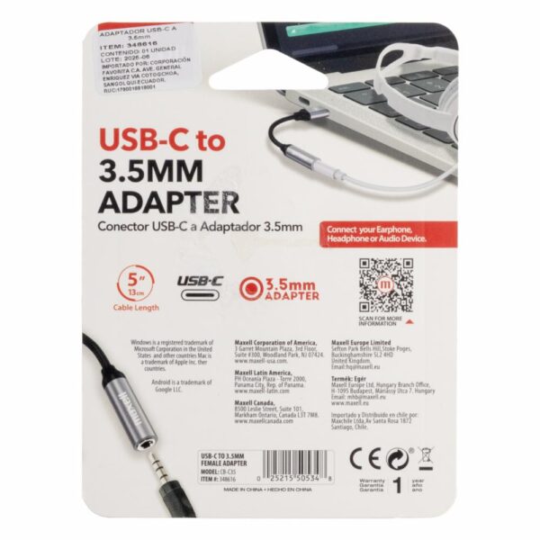 Adaptador 3.5 Mm a Conector USb-C MAXELL 5" - Imagen 2