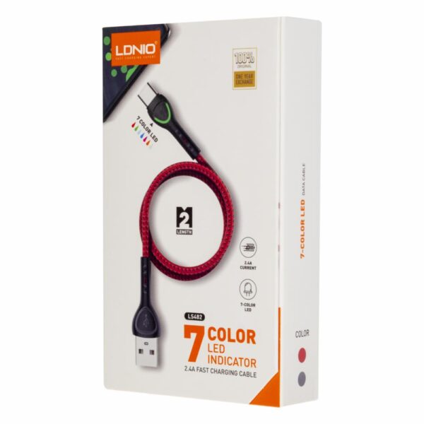 Cable Cargador Led De Tela Rojo Y Negro LDNIO 2 M - Imagen 2