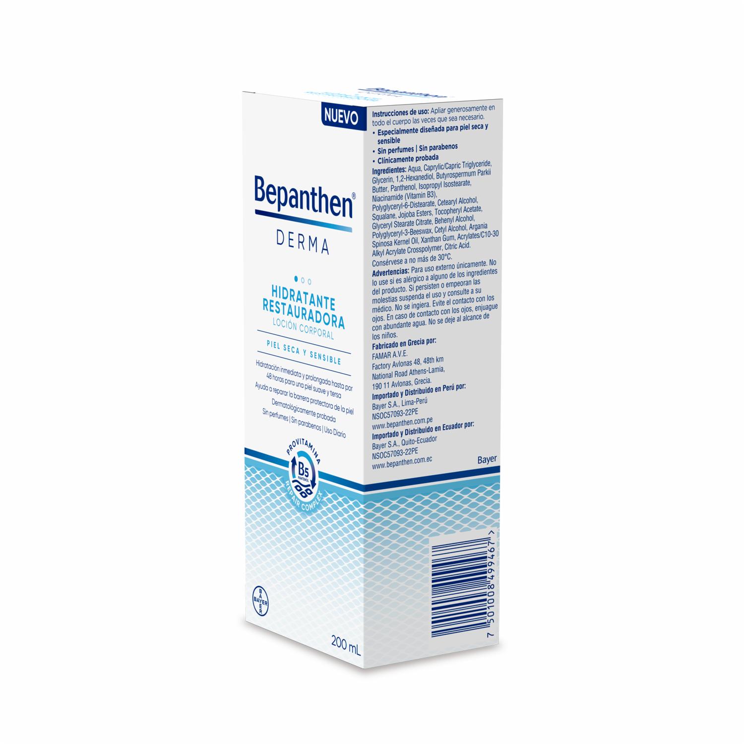 Loción Corporal Hidratante Restauradora Piel Seca Y Sensible BEPANTHEN DERMA 200 Ml