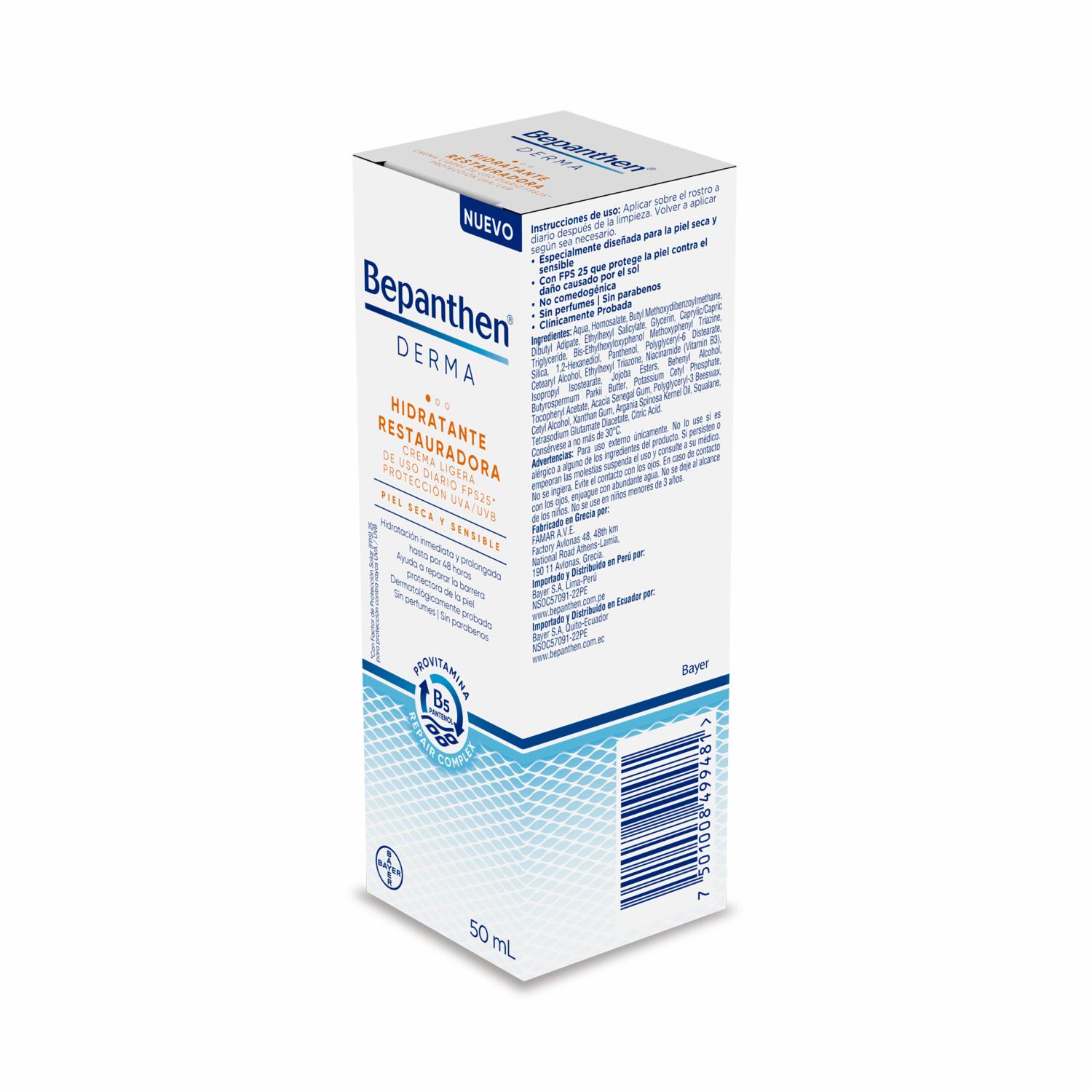 Crema Facial Hidratante Restauradora Piel Seca Y Sensible FPS 25 BEPANTHEN DERMA 50 Ml