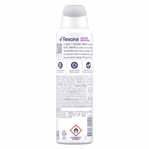 Desodorante En Aerosol Para Dama Active Emotion REXONA 150 Ml - Imagen 2