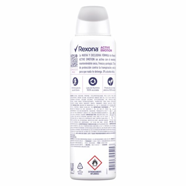 Desodorante En Aerosol Para Dama Active Emotion REXONA 150 Ml - Imagen 2