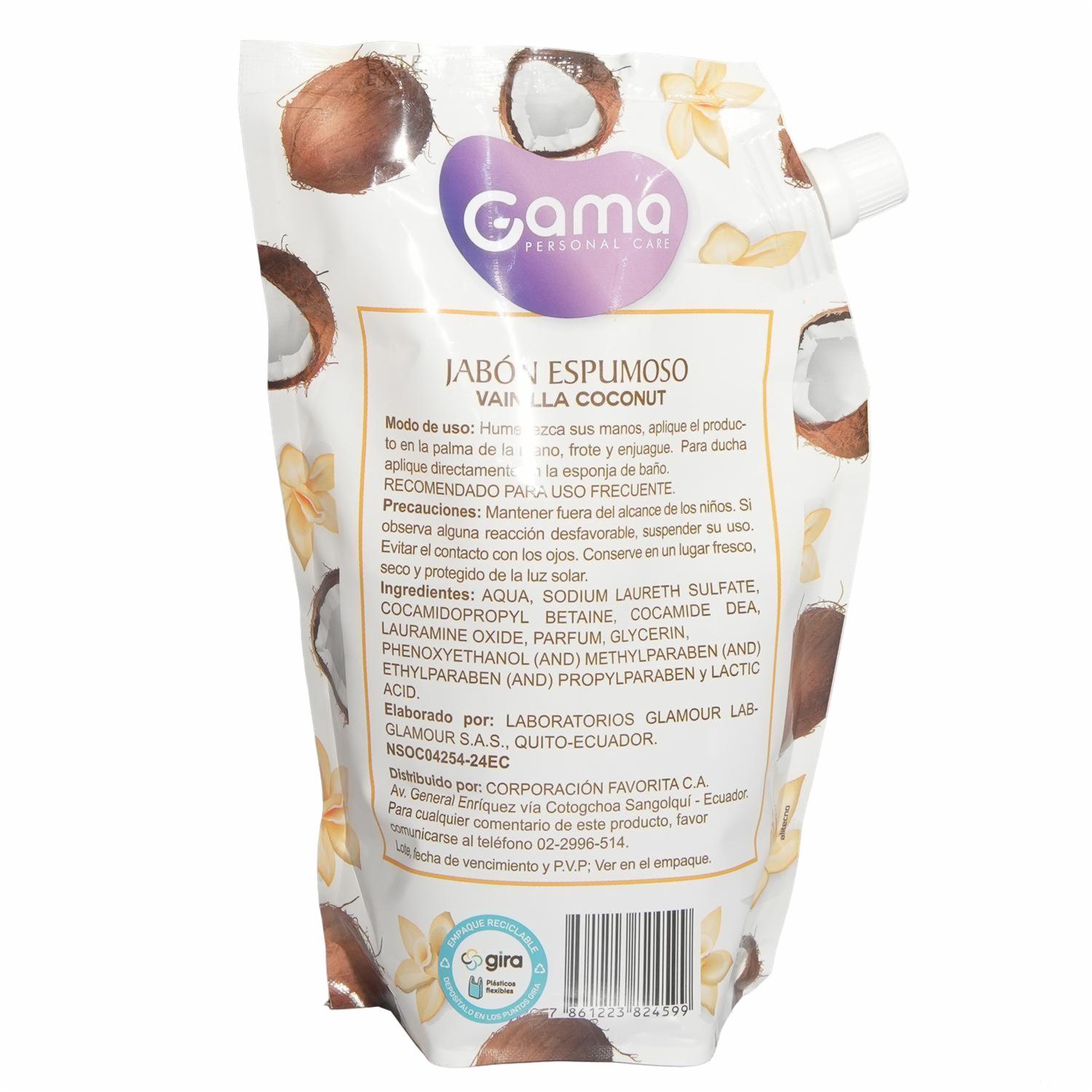 Jabón Espumoo Repuesto Fragancia Vainilla Coconut GAMA 500 Ml - Imagen 2
