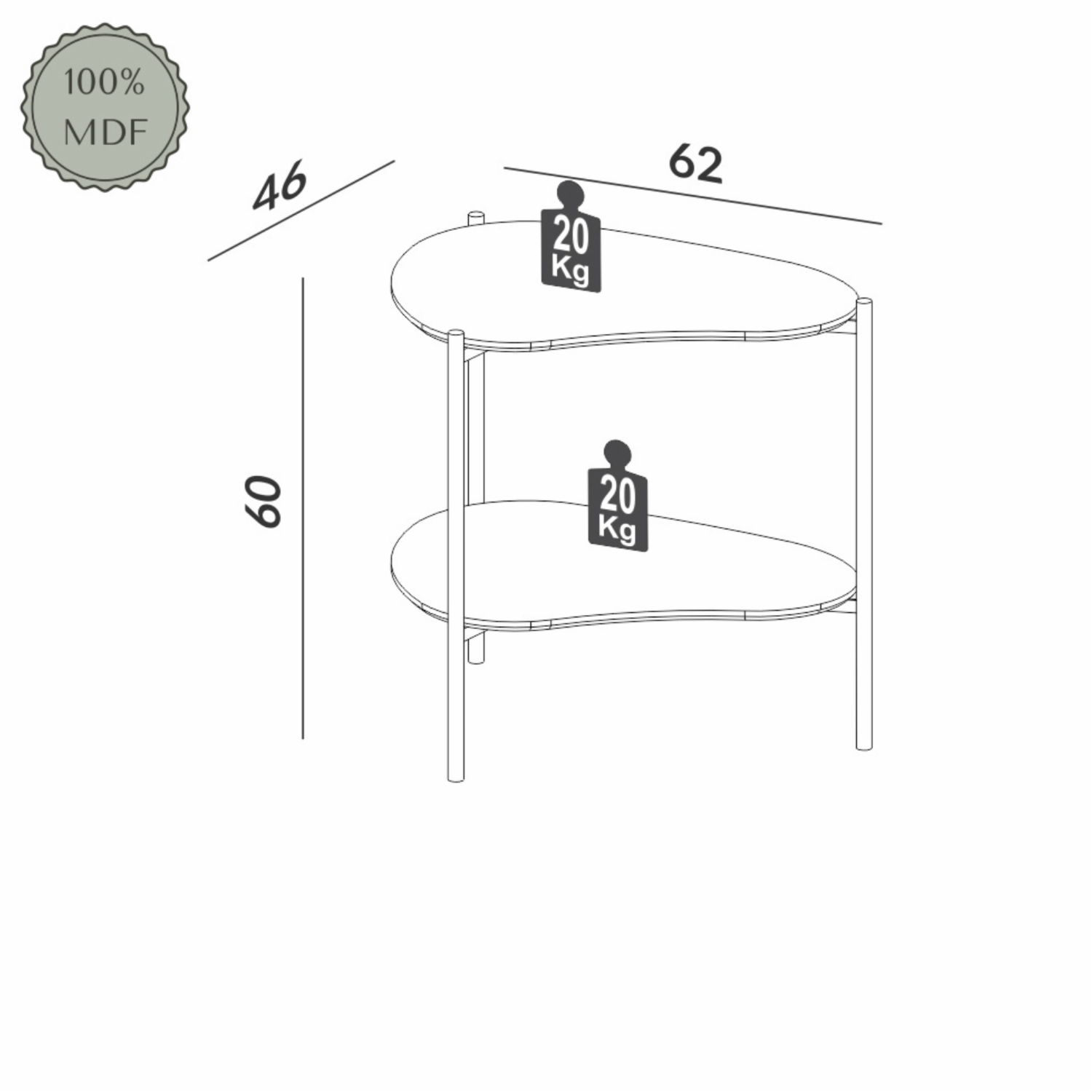 Mesa Lateral Orgánica Dos Niveles Modelo Tb629 Color Freijo DALLA COSTA Mdf Y Metal