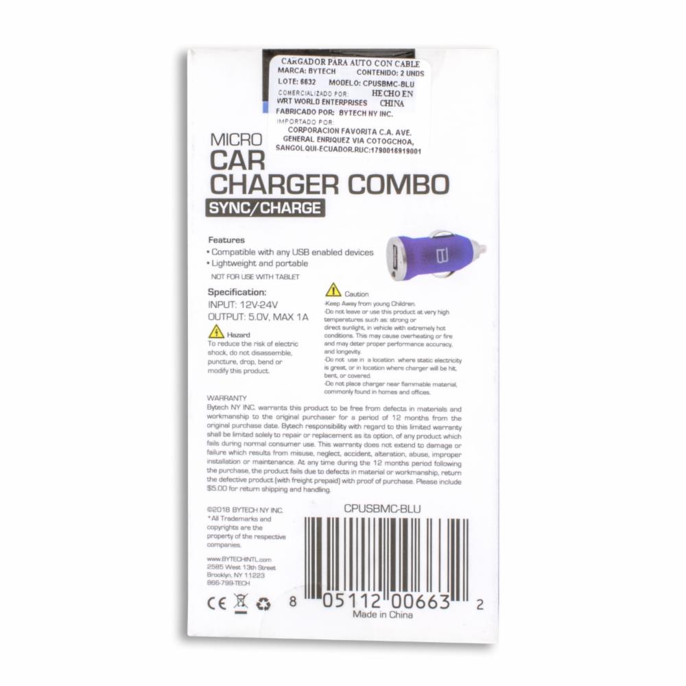Cargador Para Auto USB + Mini Cable De Carga BYTECH 1 Amp - Imagen 2