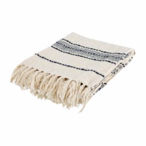 Cobija Tejida Con Franjas Beige/Azul Flecos FREE HOME 130 X 170 Cm