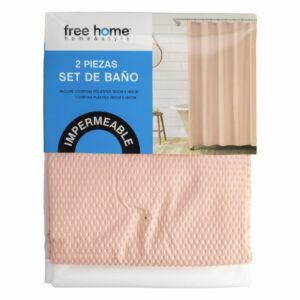 Set Cortina De Baño Premium Rosa  1 Poliester+1 Plastica FREE HOME 2 Piezas