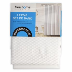 Set Cortina De Baño Premium Blanca  1 Poliester+1 Plastica FREE HOME 2 Piezas