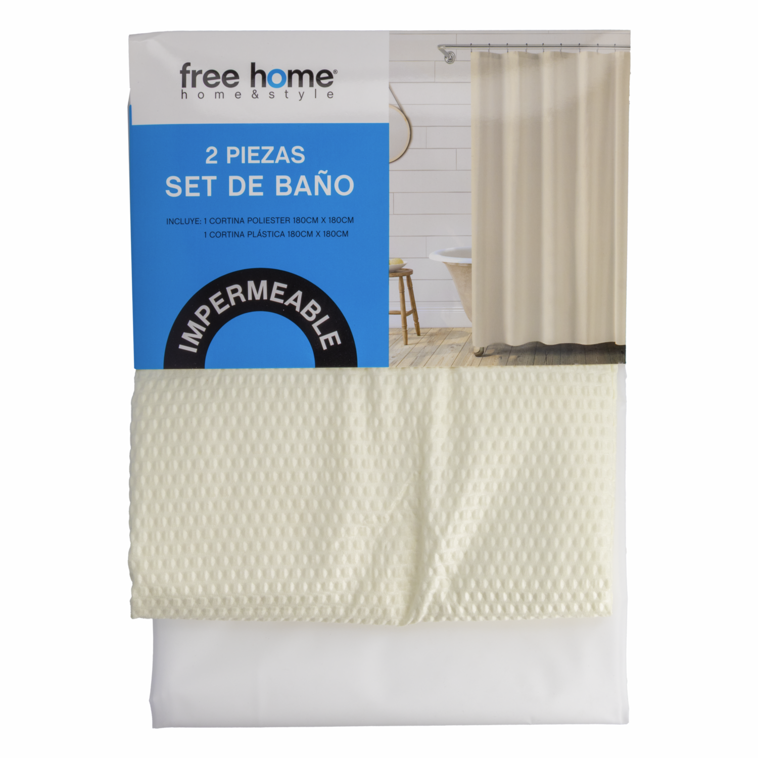 Set Cortina De Baño Premium Beige 1 Poliester+1 Plastica FREE HOME 2 Piezas - Imagen 2