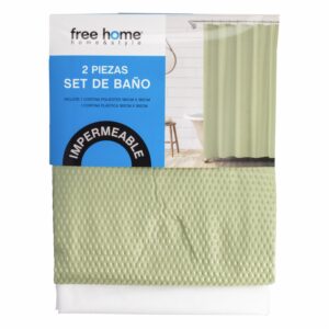 Set Cortina De Baño Premium Verde  1 Poliester+1 Plastica FREE HOME 2 Piezas