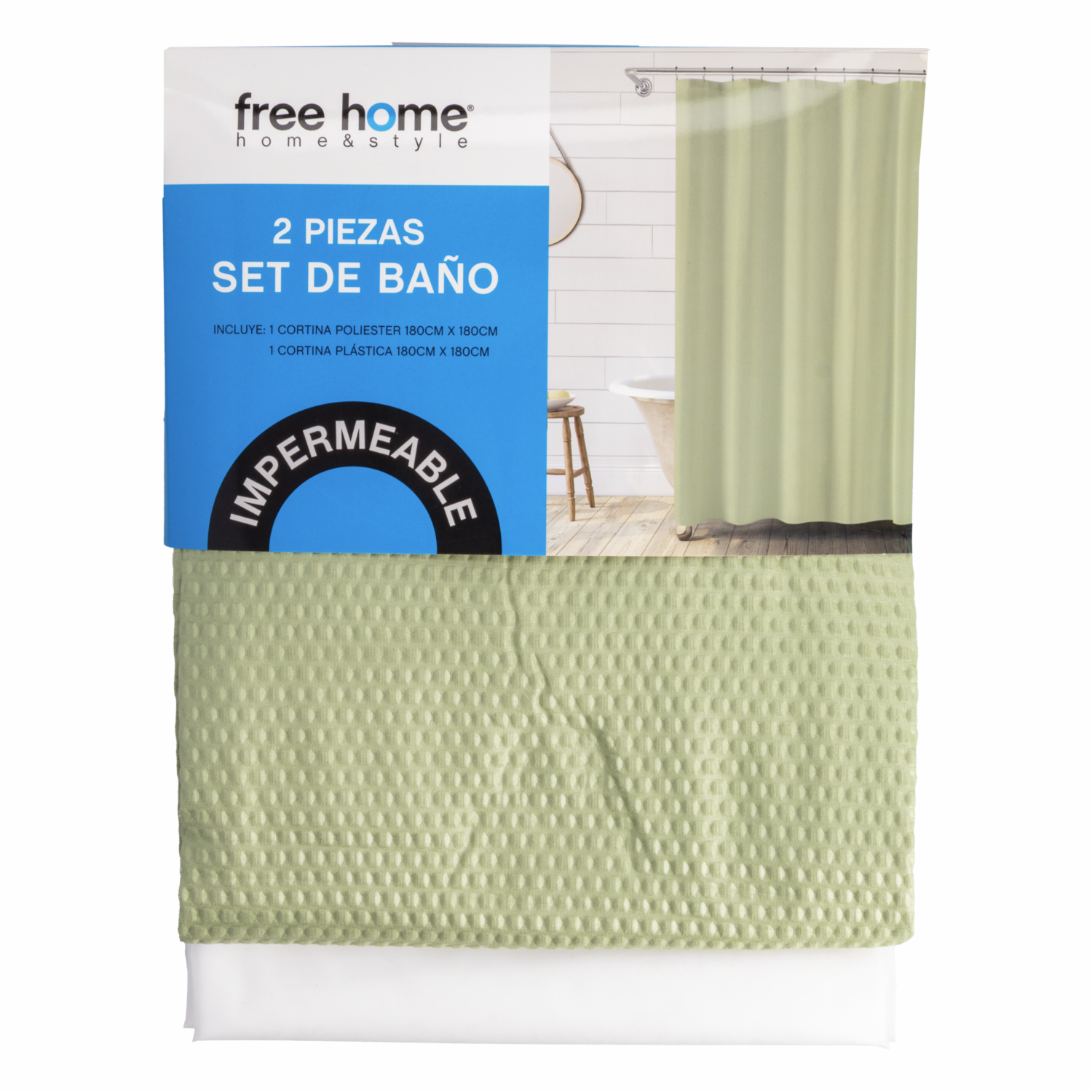 Set Cortina De Baño Premium Verde 1 Poliester+1 Plastica FREE HOME 2 Piezas - Imagen 2