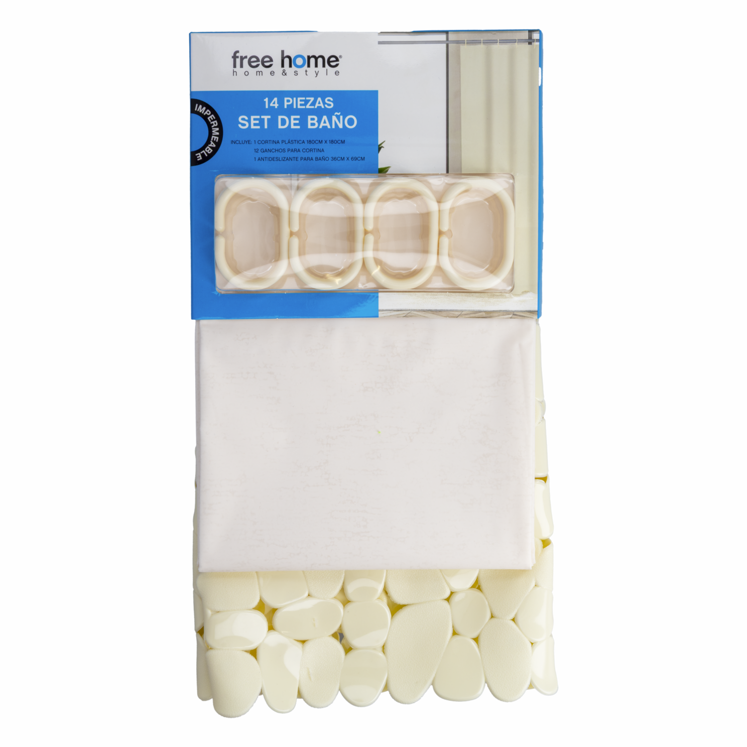 Set De Baño Cortina+Antideslizante Crema FREE HOME 2 Piezas - Imagen 2