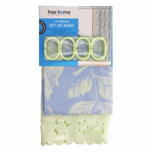 Set De Baño Cortina Tela+Antideslizante+Ganchos Verde FREE HOME 3 Piezas