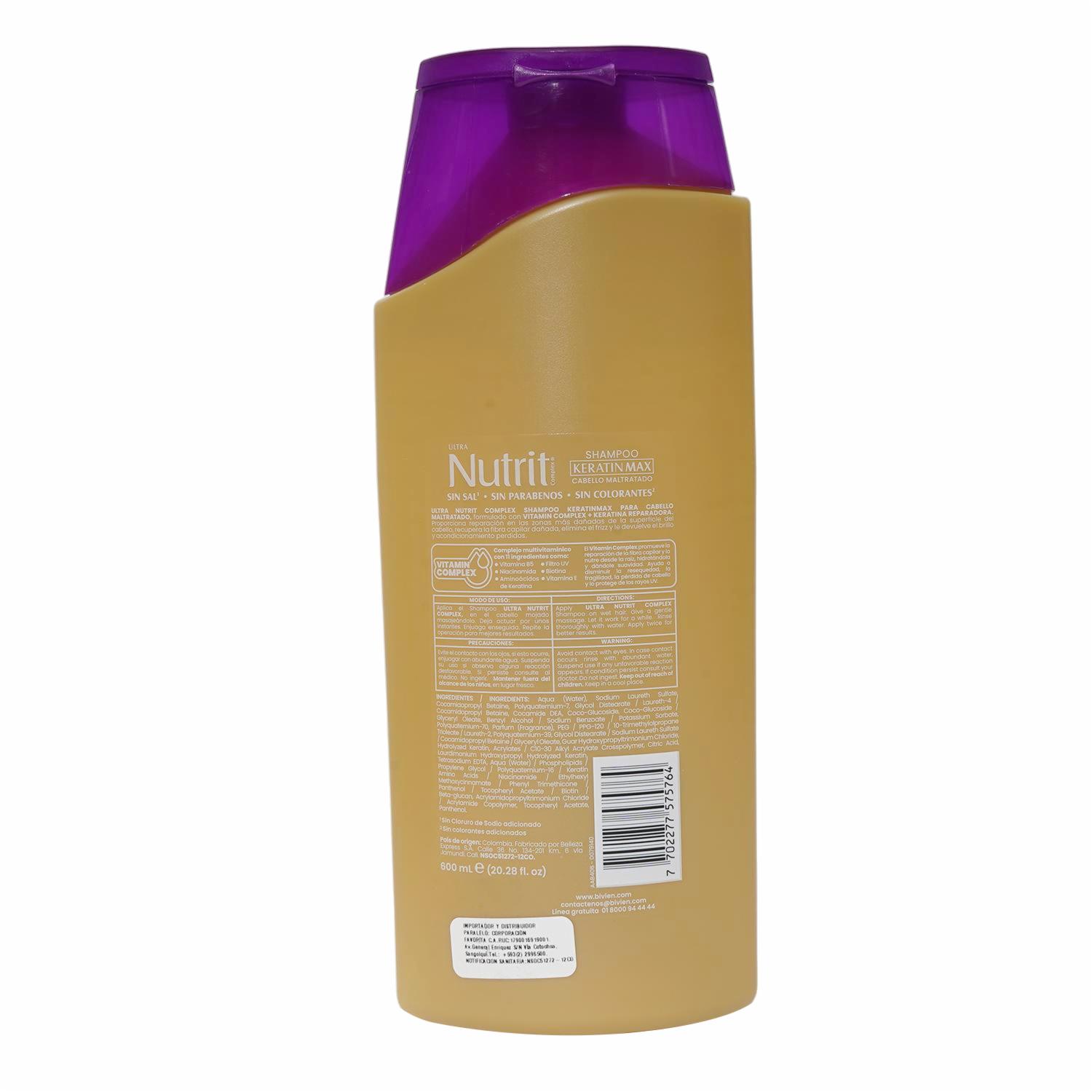 Shampoo De Cabello Keratinmax Keratina Reparadora + Vitamin Complex NUTRIT 600 Ml - Imagen 2