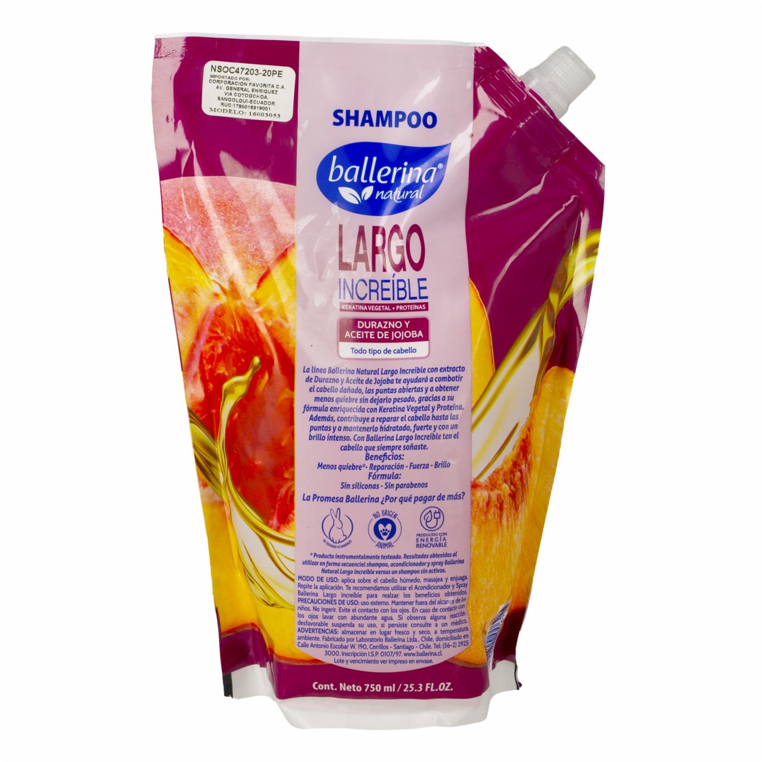 Shampoo Para Cabello Largo Increíble Durazno Y Aceite De Jojoba BALLERINA 750 Ml - Imagen 3