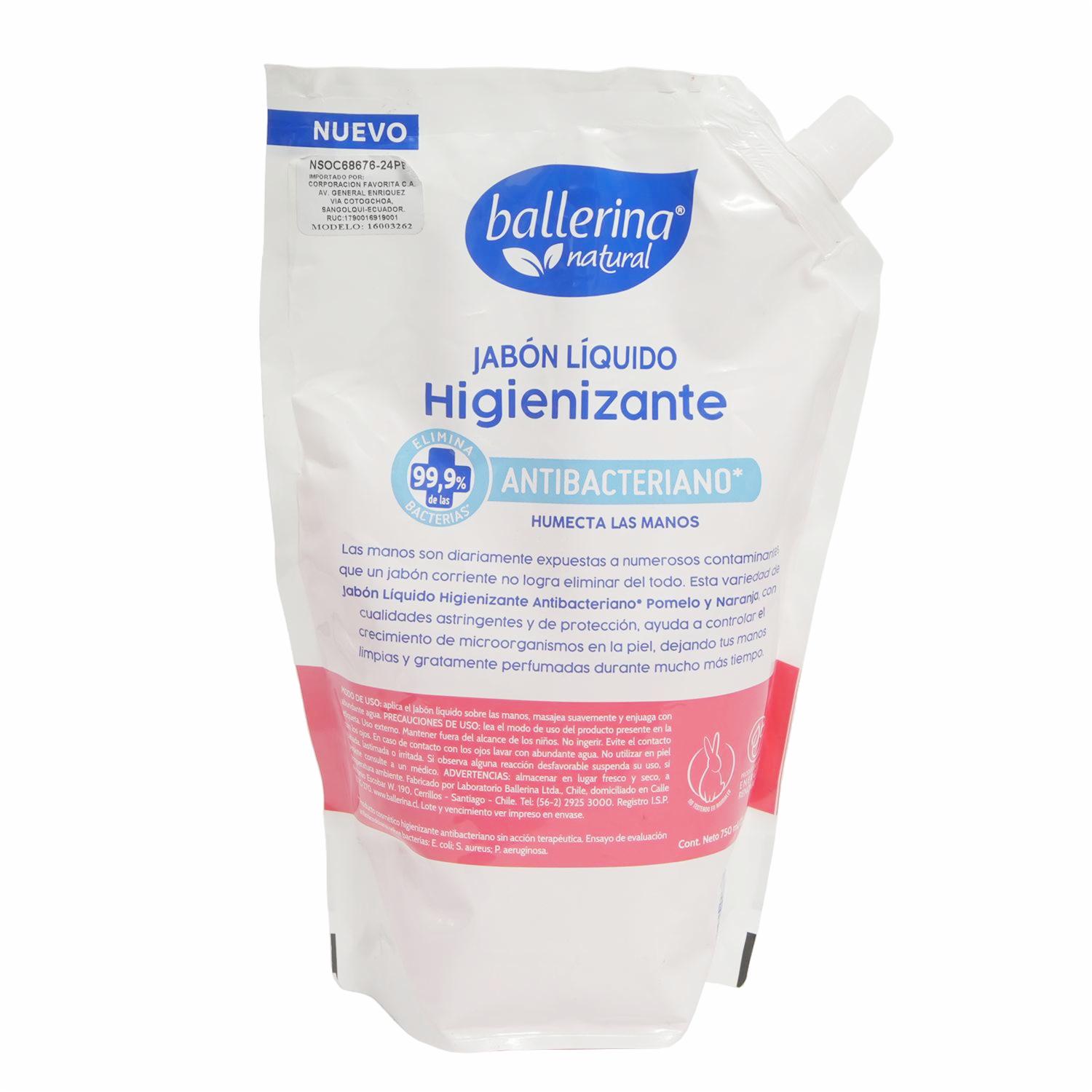 Jabón Líquido Higienizante Antibacteriano Fragancia Pomelo Y Naranja BALLERINA 750 Ml - Imagen 3