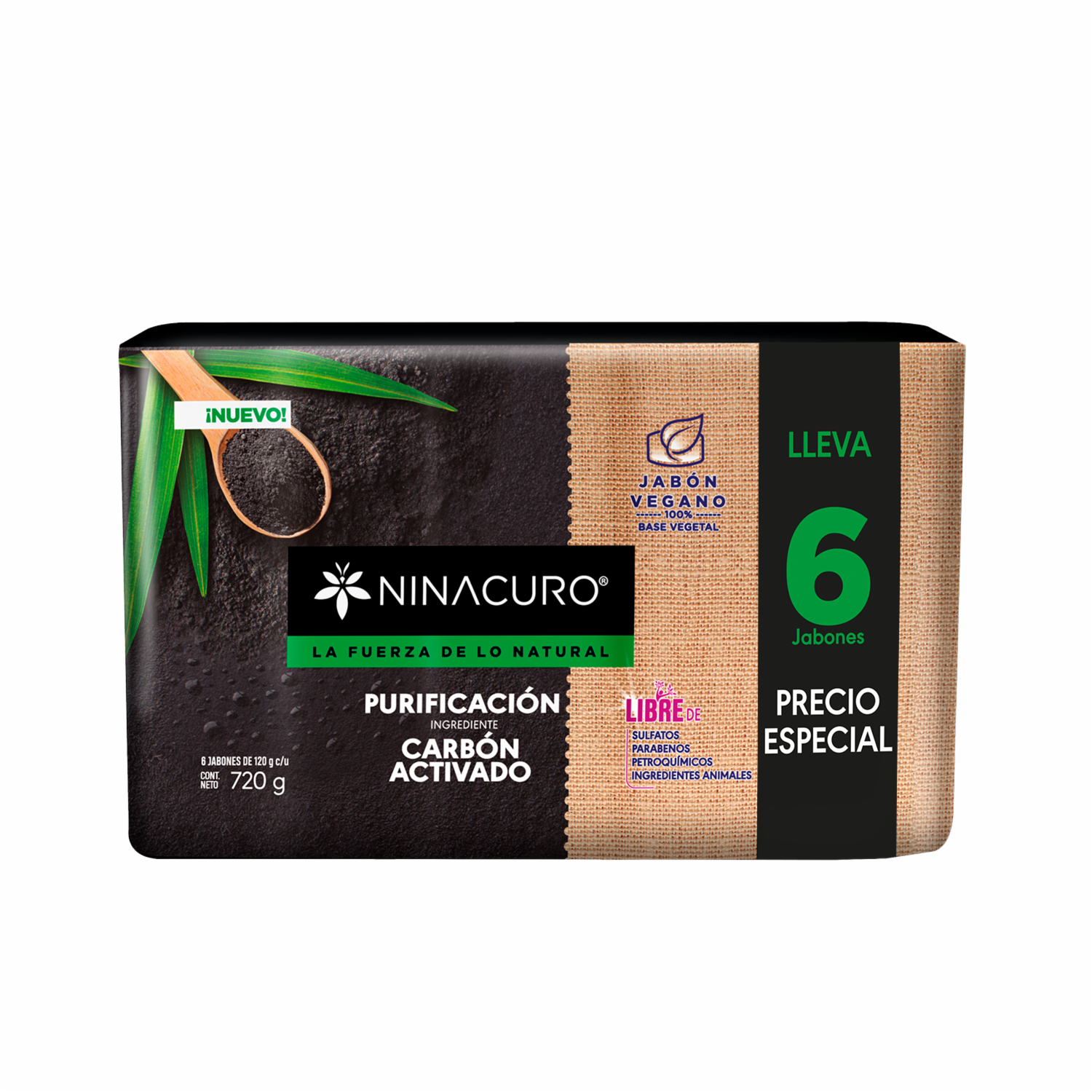 Jabón En Barra Purificación Con Carbón Activado NINACURO 6 X 120 G - Imagen 2