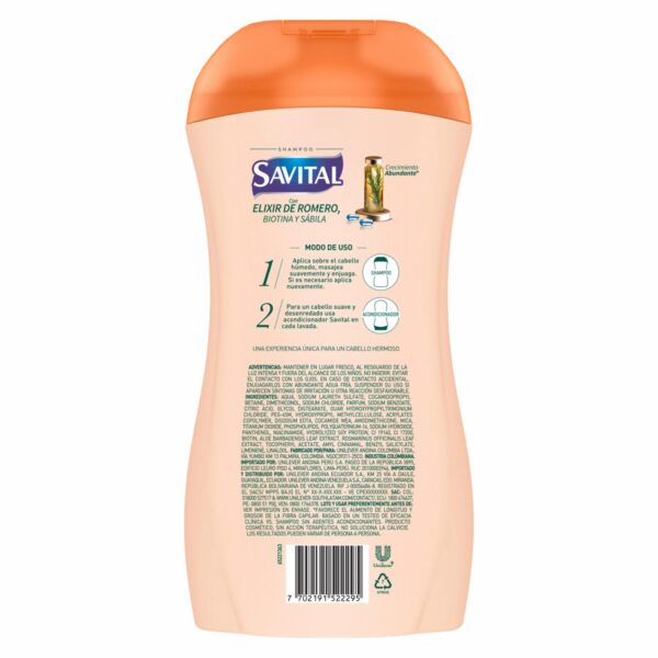Shampoo De Cabello Elixir De Romero Crecimiento Abundante SAVITAL 510 Ml - Imagen 5