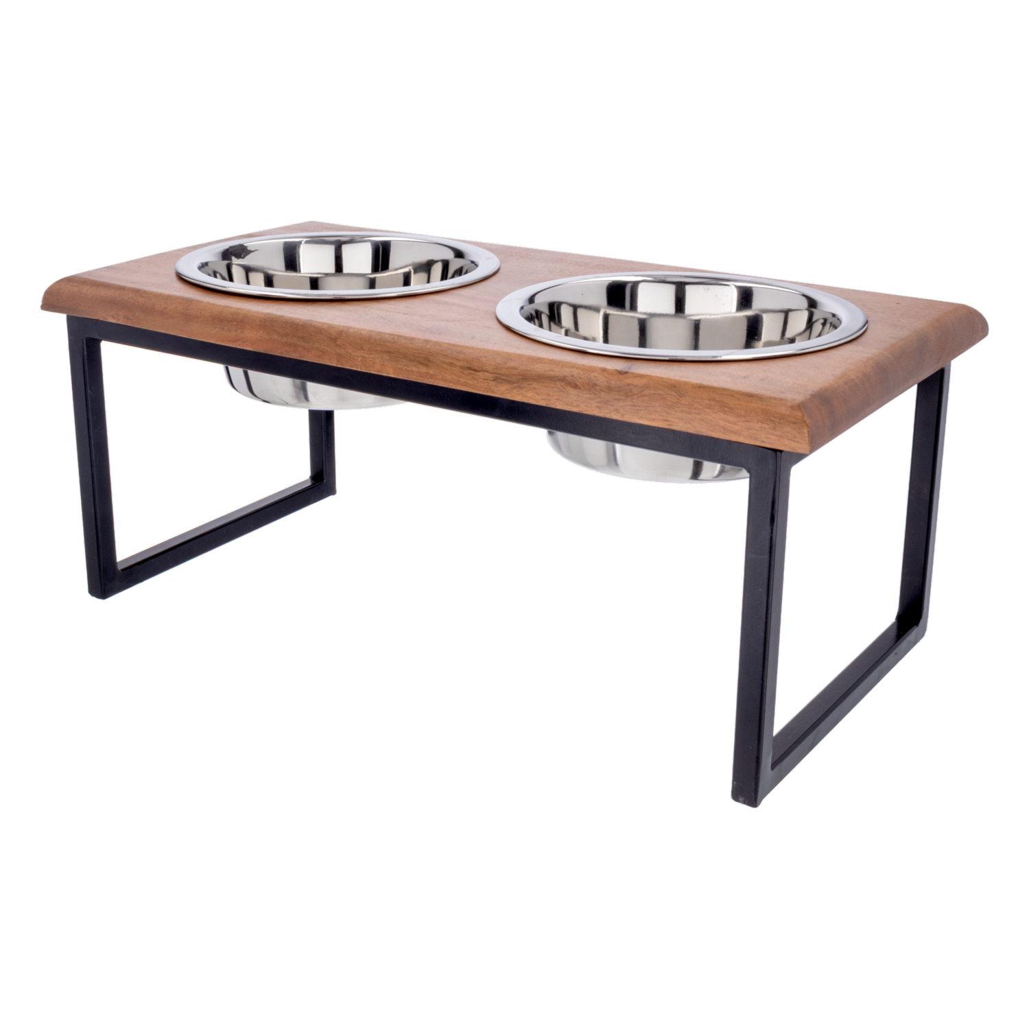 Plato Para Mascota Base De Madera Y Tazón De Metal Iron Doble KUMAR 3 Piezas