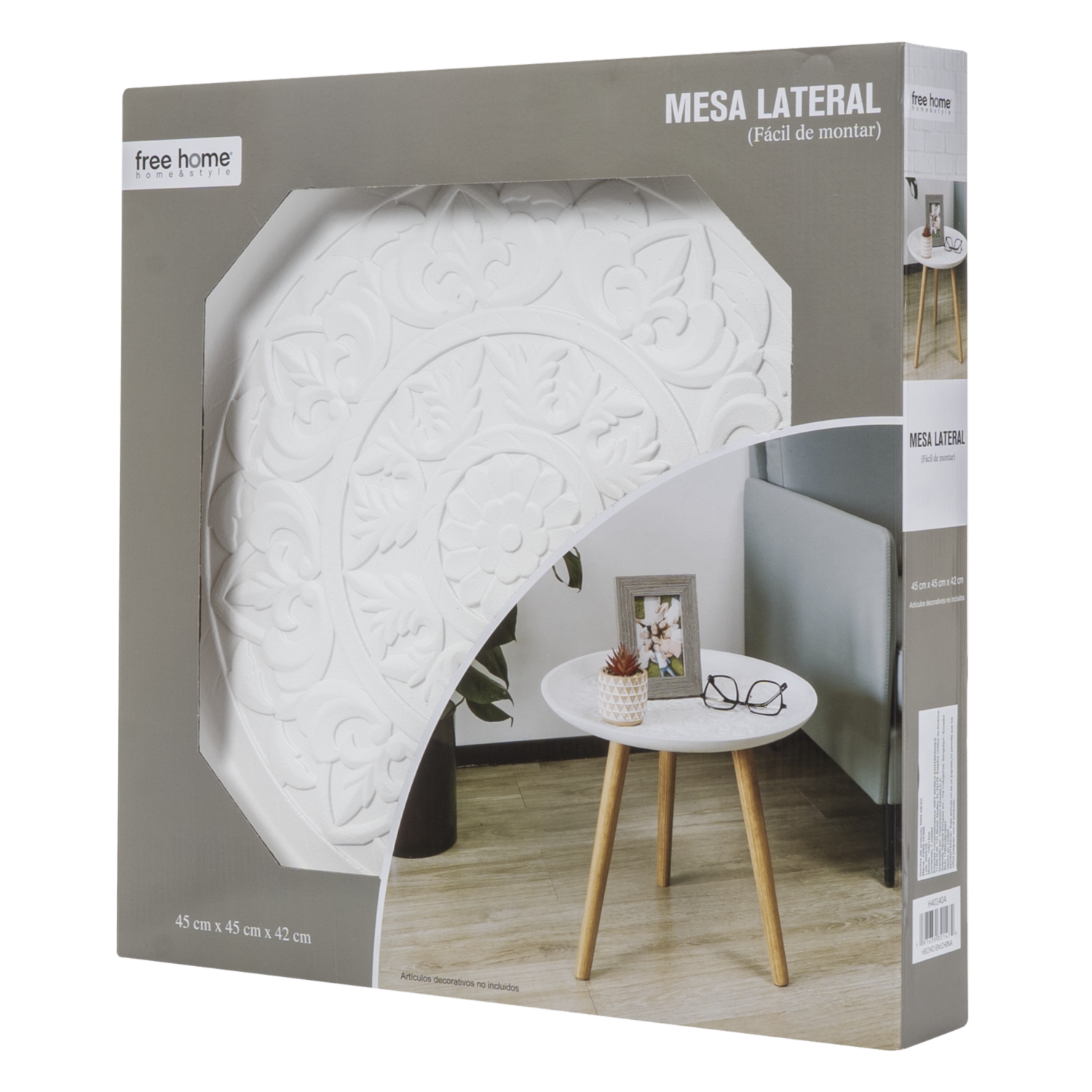 Mesa Lateral Blanca Con Pata Amaderada Natural FREE HOME Mdf