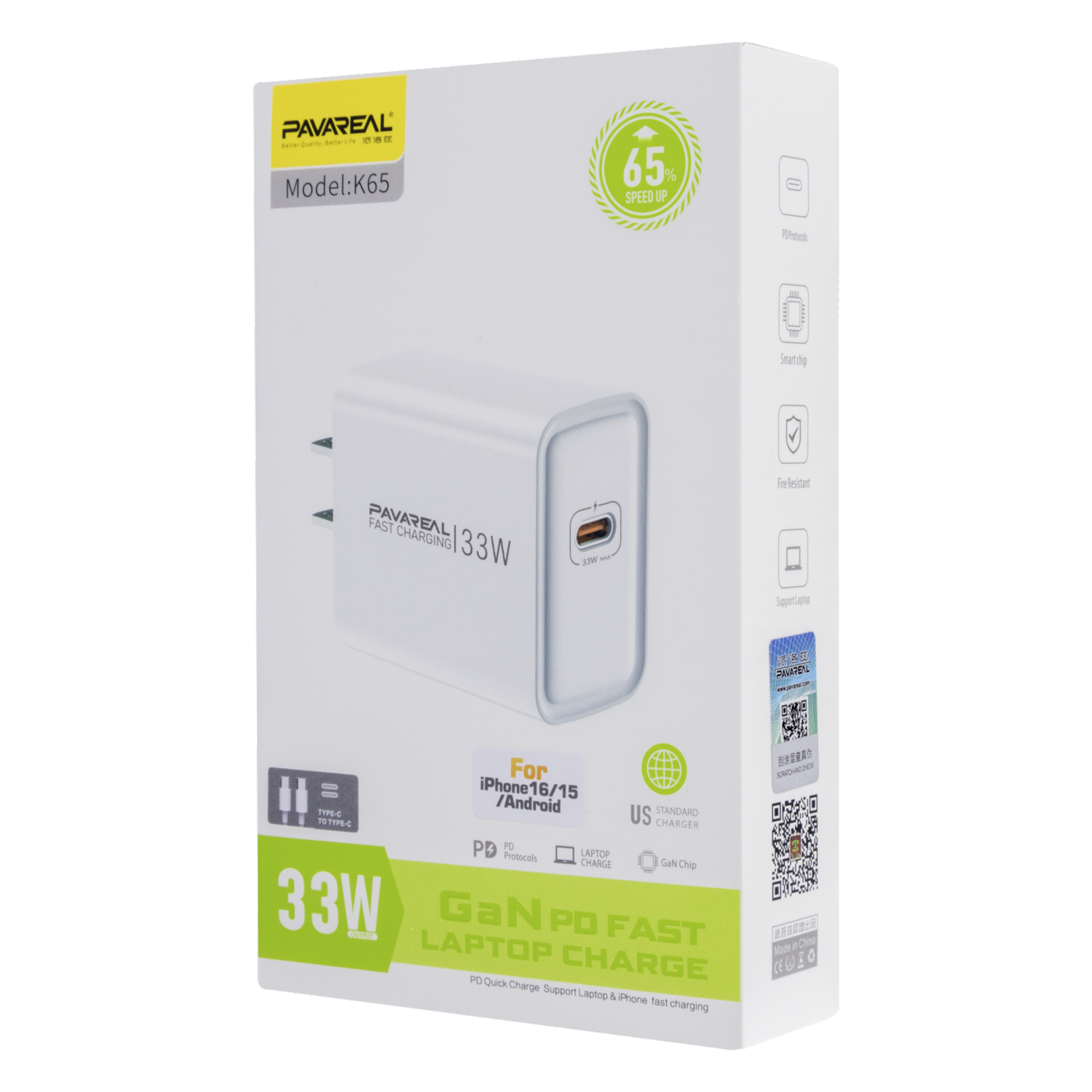 Cargador De Pared Con Cable Tipo C A Tipo C Modelo K65C Blanco PAVAREAL 33 W