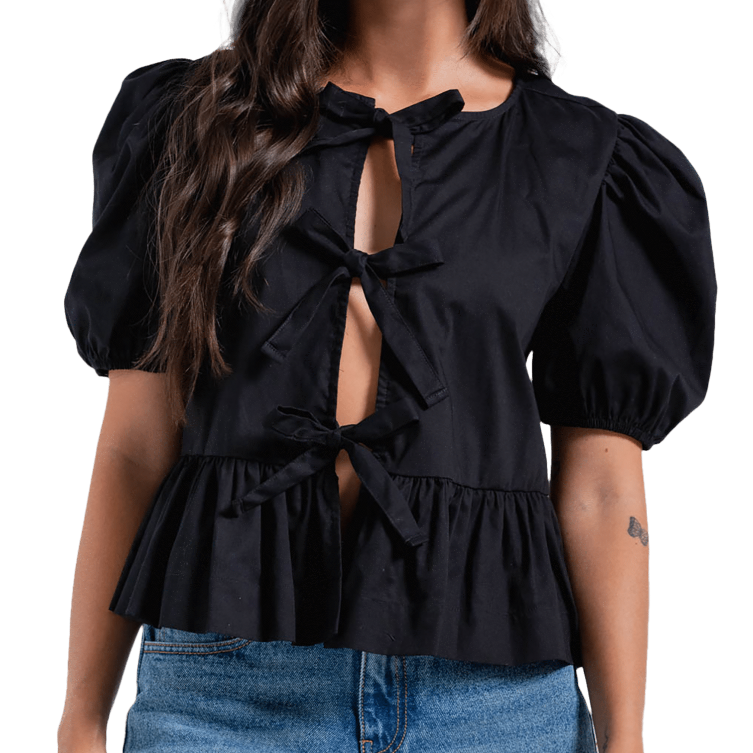 Blusa Mangas Cortas Bombachas Cuello Redondo Con Lazos En Pechera PEOPLE